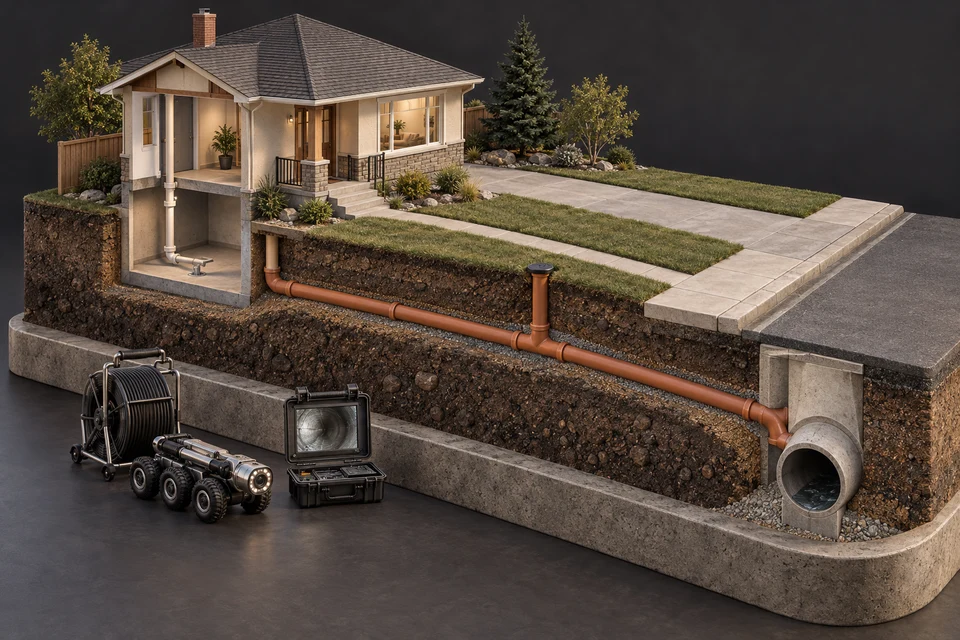 Original conceptual architectural render of a bungalow, basement and underground sewer route